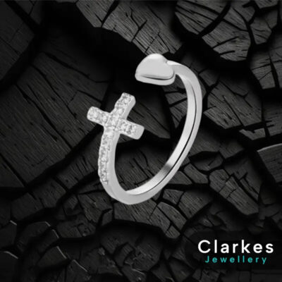 Ladies Girls Stunning Silver Adjustable Heart & Cross CZ Ring