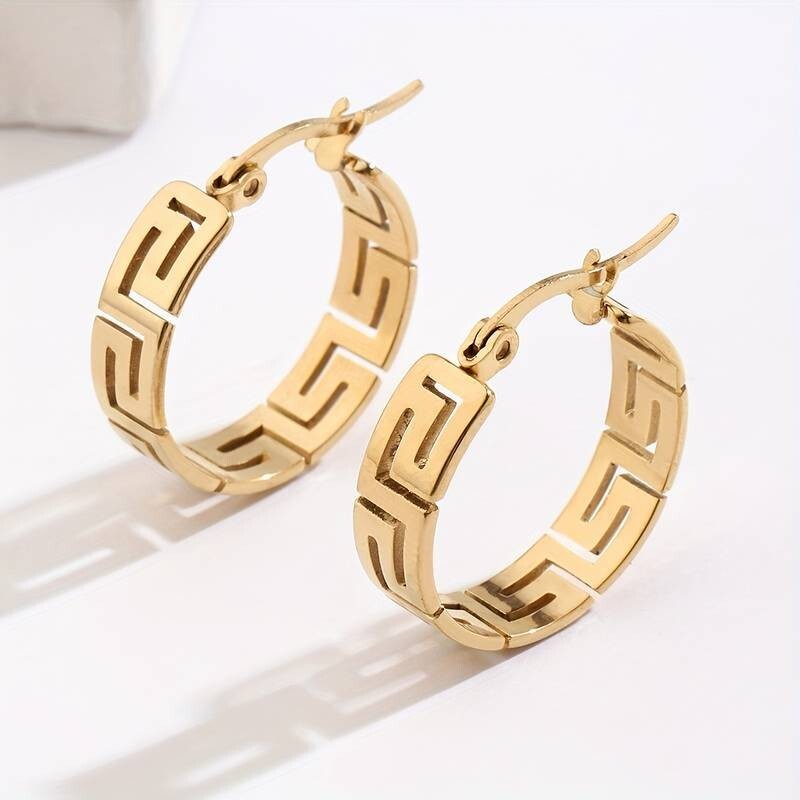 Vintage Style 18k Gold Maze Pattern Hoop Earring Loops - 304 Stainless - Image 2
