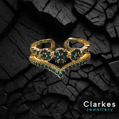 18ct Gold Plated Adjustable Ring with Black Round-Cut CZ Stones