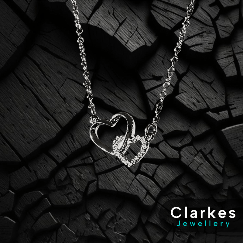 Cubic Zirconia Silver Double Heart Pendant Necklace 45+5cm - Image 2
