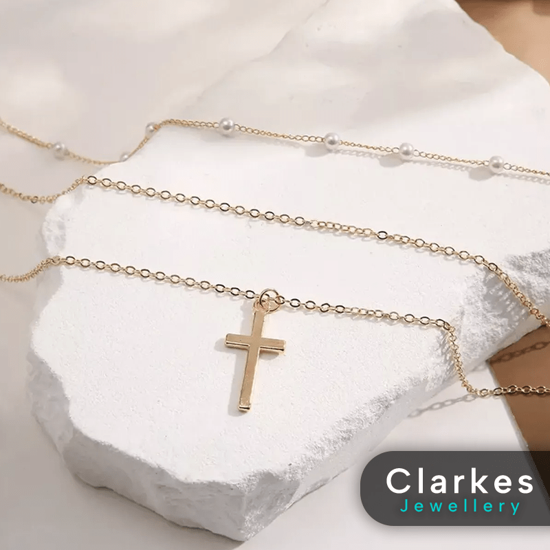 18k Gold Filled Cross Pendant Necklace 3pc Ladies Necklace Set - Image 2