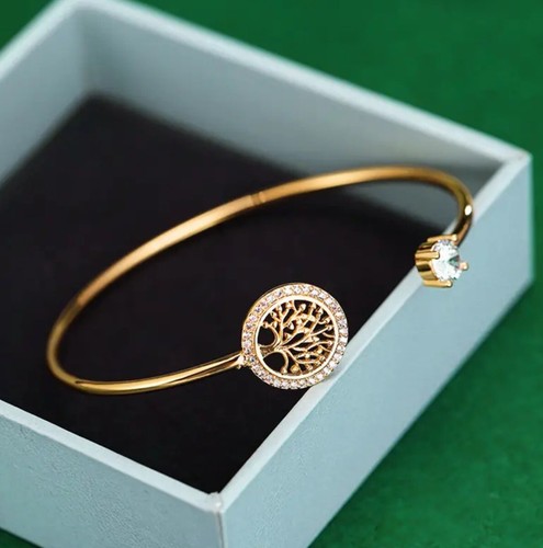 18ct Gold Cubic Zirconia Tree Of Life Bracelet Adjustable Bangle - Image 2