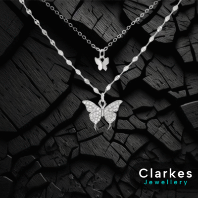 Ladies Silver Butterfly Double Layer Stainless Steel Necklace - Adjustable