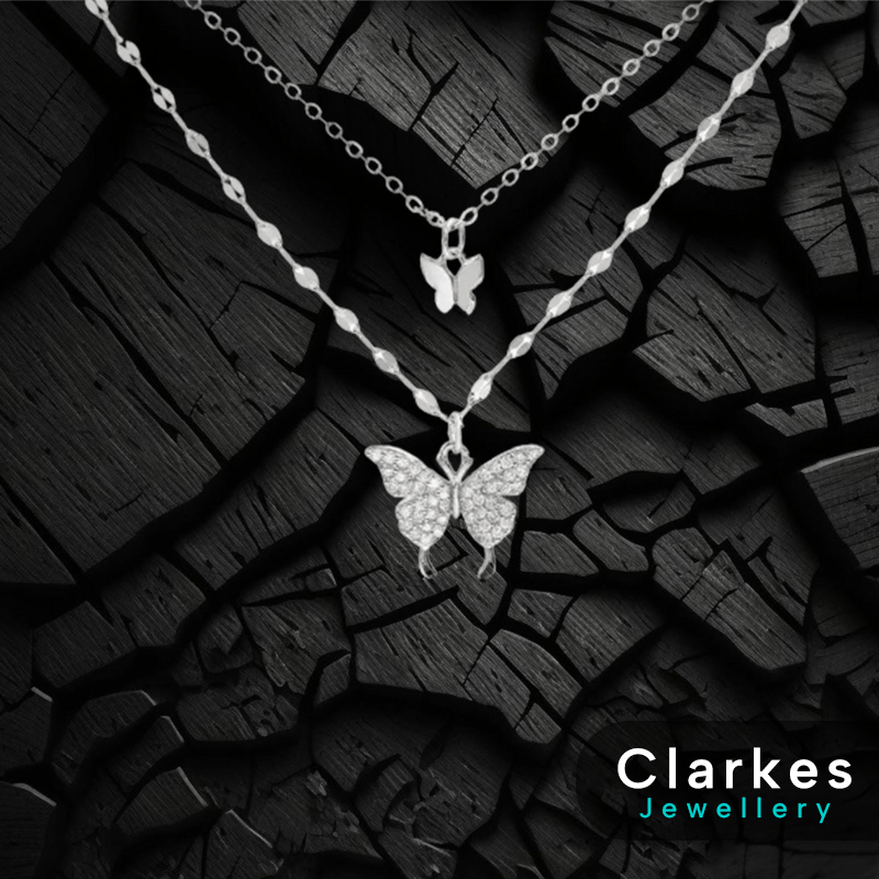 Ladies Silver Butterfly Double Layer Stainless Steel Necklace - Adjustable
