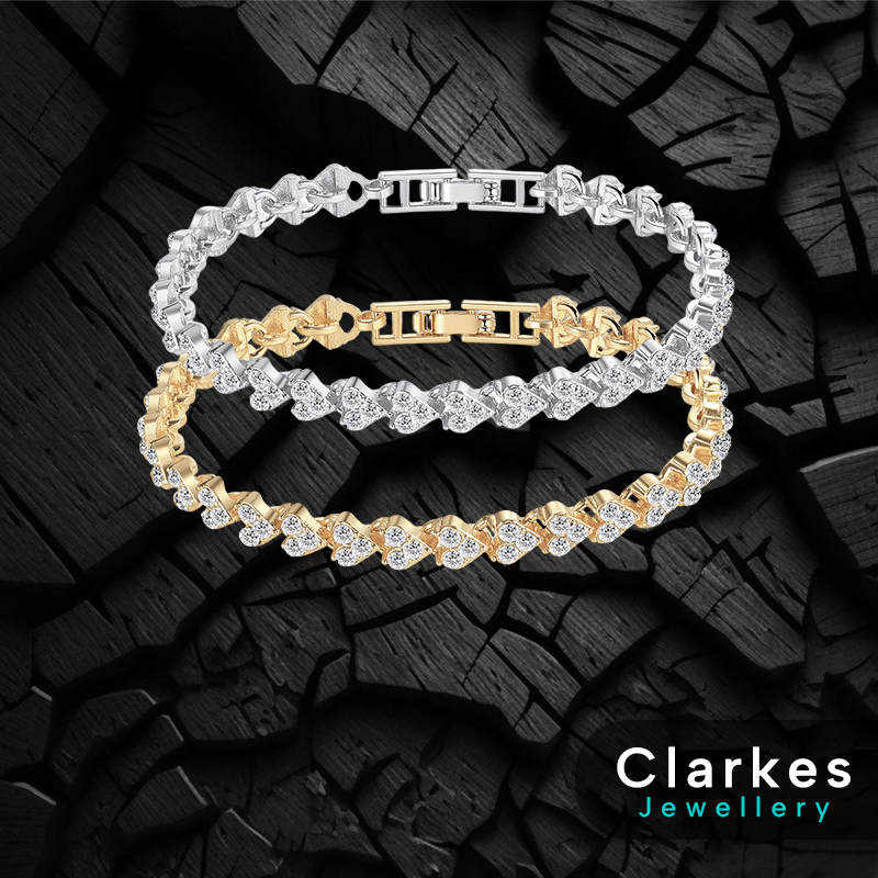 Silver & Gold Heart Linked Stainless Steel Cubic Zirconia Bracelets