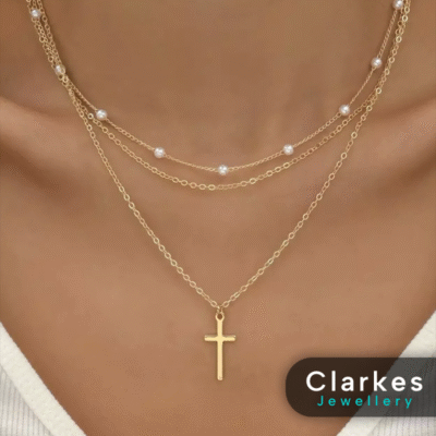 18k Gold Filled Cross Pendant Necklace 3pc Ladies Necklace Set