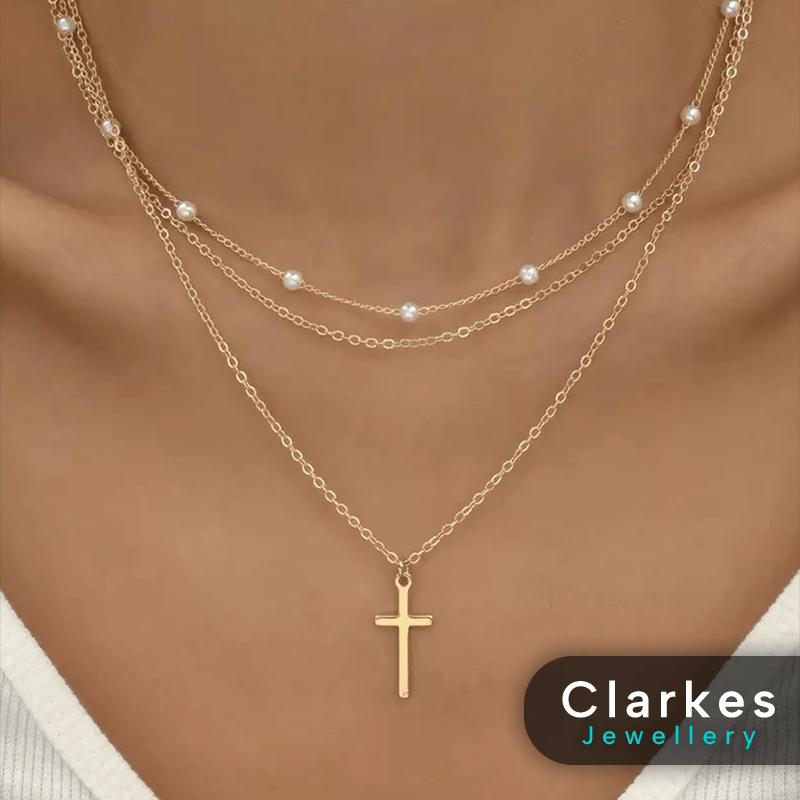 18k Gold Filled Cross Pendant Necklace 3pc Ladies Necklace Set