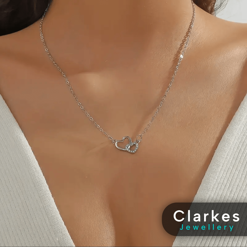 Cubic Zirconia Silver Double Heart Pendant Necklace 45+5cm
