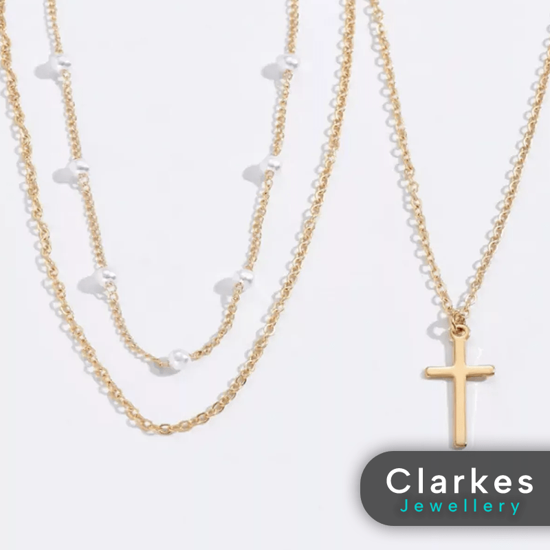 18k Gold Filled Cross Pendant Necklace 3pc Ladies Necklace Set - Image 3
