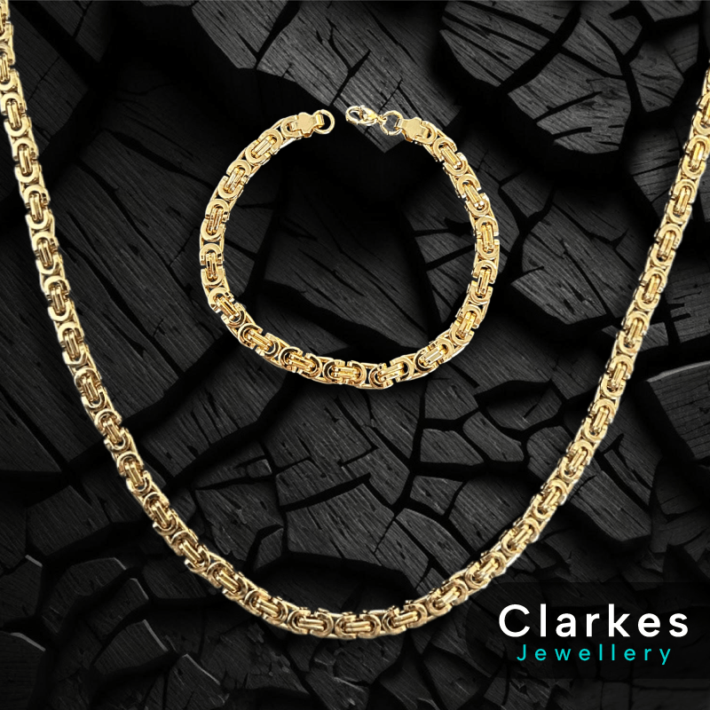 18ct Gold Filled 24" Stainless Flat Byzantine Chain + 9" Bracelet Set
