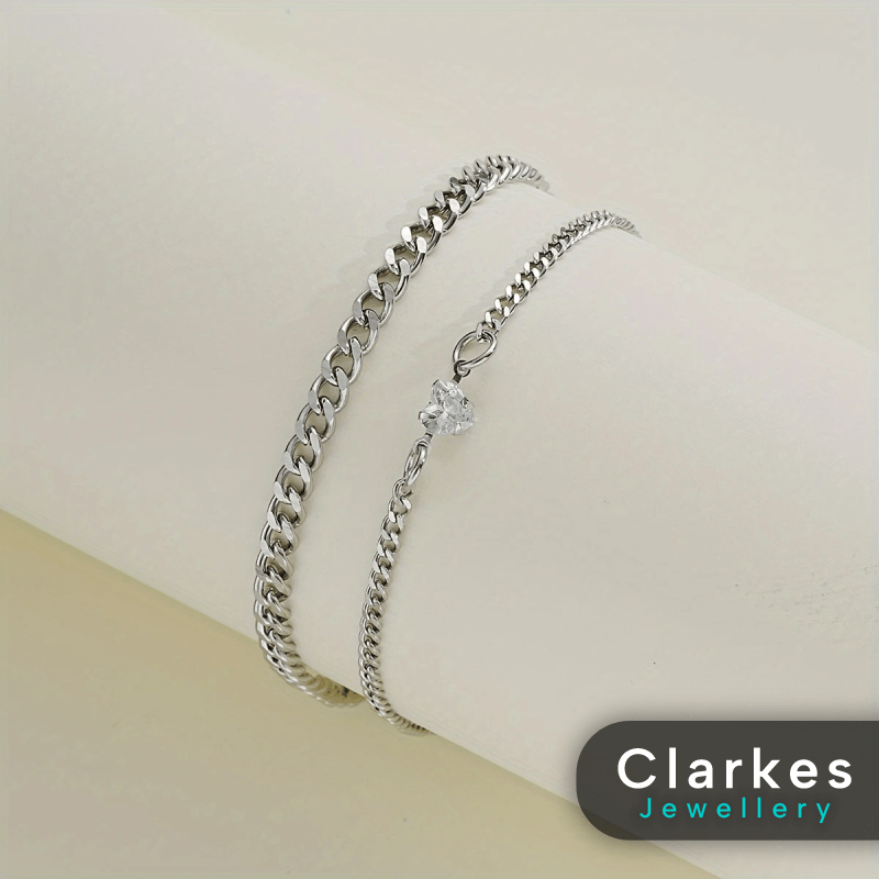 Women's Stainless Steel 2pc Cuban Foot Chain Anklet Heart Set - Image 3