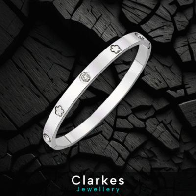 18k White Gold Clove Bangle Bracelet With Zircon Studs
