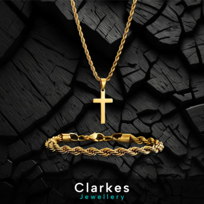 18ct Gold Plated Cross Pendant Rope Chain & Bracelet Set