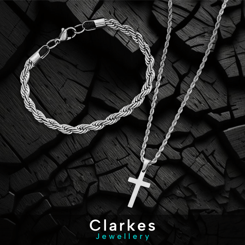 Men’s Boys Silver Rope Chain & Bracelet Set Cross Pendant Jewellery Set - Image 4