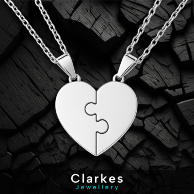 Silver Puzzle Heart Necklace Set 2 Piece Stainless Steel Sisters Friends