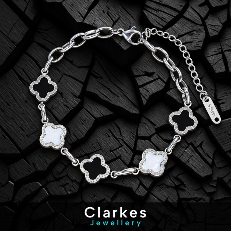 925 Silver Clover Bracelet – Black Onyx & White Mother of Pearl