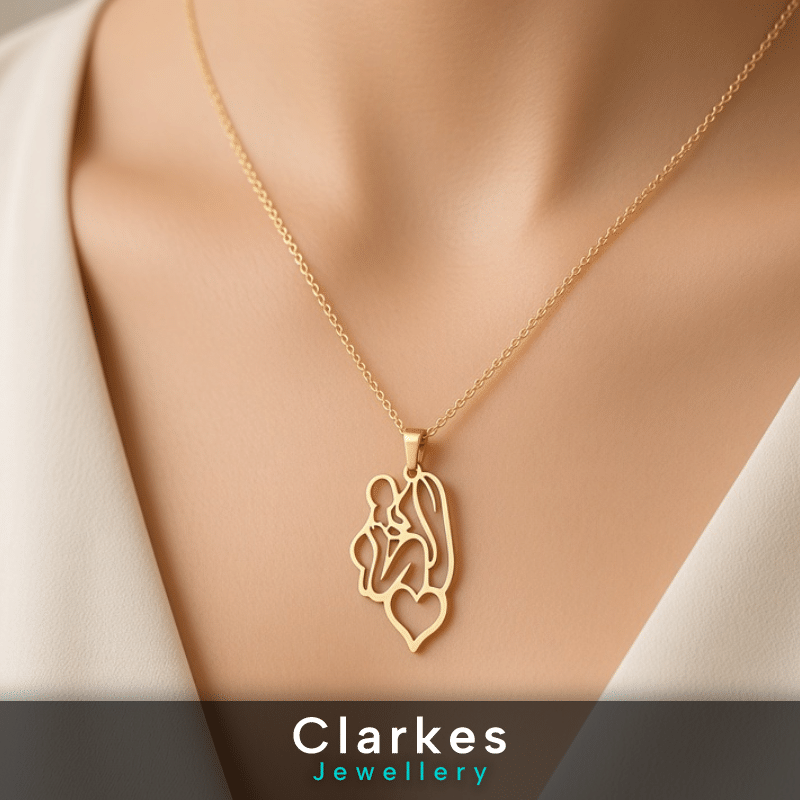 Ladies Stainless Steel 18ct Gold Bonded Mother Child Outline Pendant Necklace