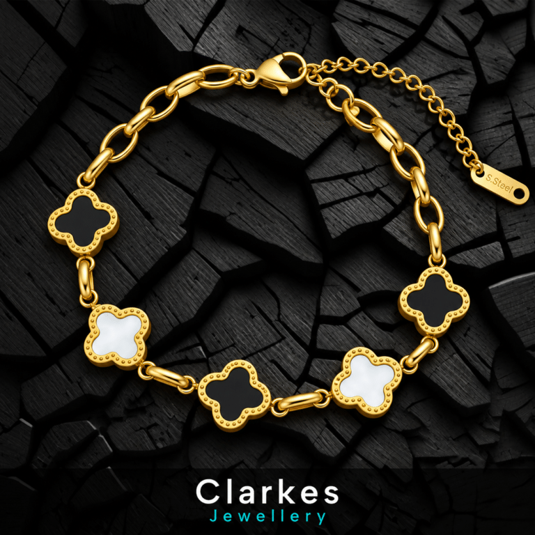Gold Mixed Clover Bracelet – Black Onyx & White Mother of Pearl