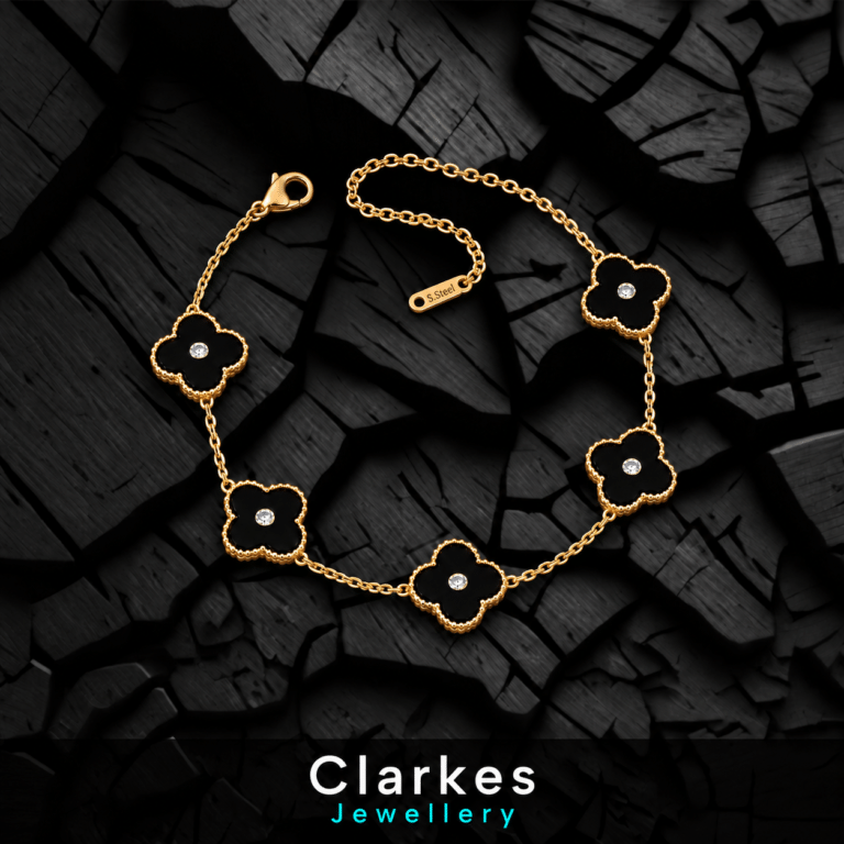 Luxury Gold Clover Bracelet – Black Onyx & Crystal | Adjustable