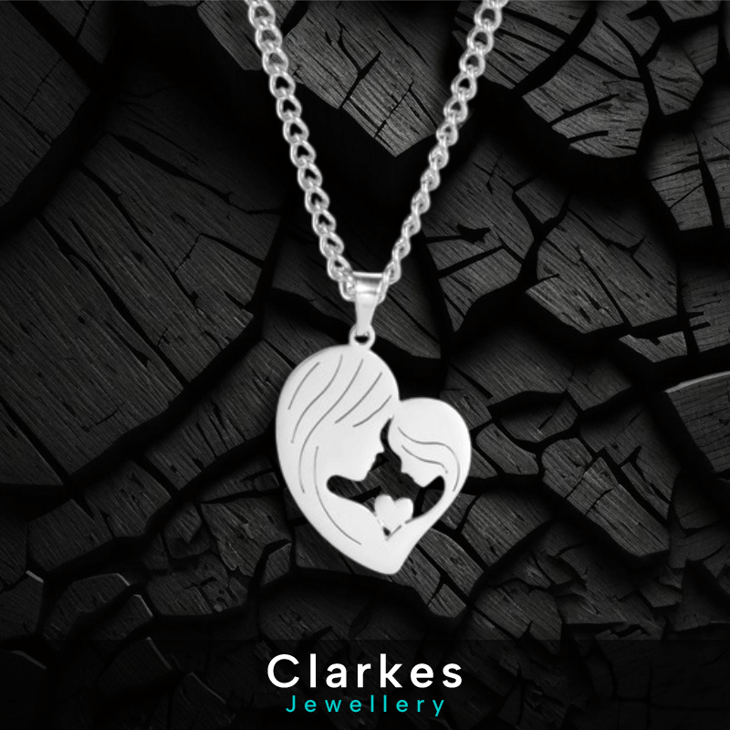 Ladies Stainless Steel Silver Mother Child Heart Pendant Necklace - Image 3