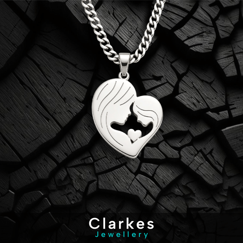 Ladies Stainless Steel Silver Mother Child Heart Pendant Necklace - Image 2