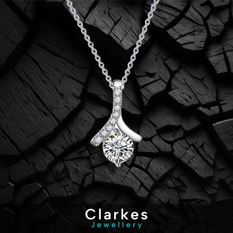 Ladies Stainless Steel Necklace Silver Zircon Pendant 45+5cm